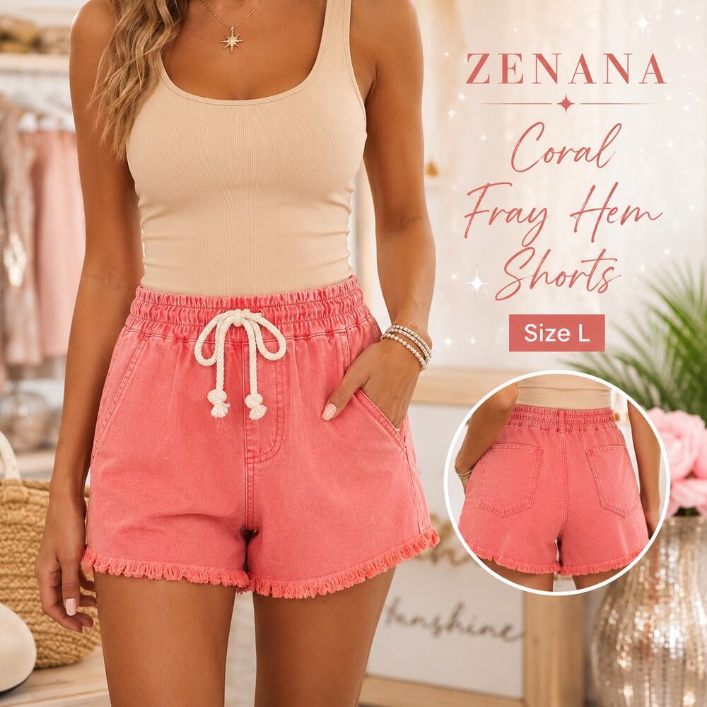 Zenana Coral Mineral Wash Frayed Hem Drawstring Denim Shorts NWT L DMP-1728A5